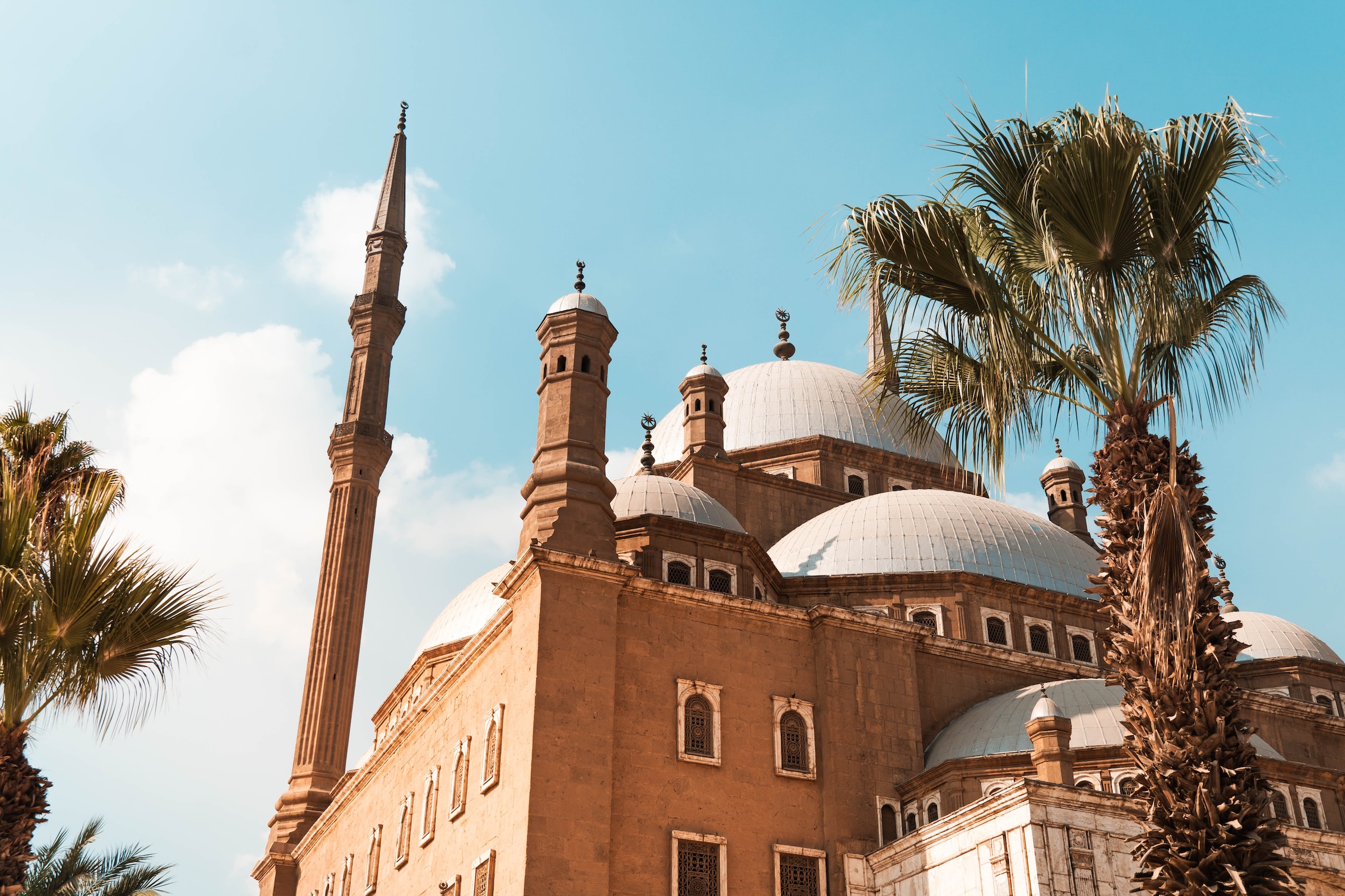 A mosque surrounded by a blue sky and palm trees