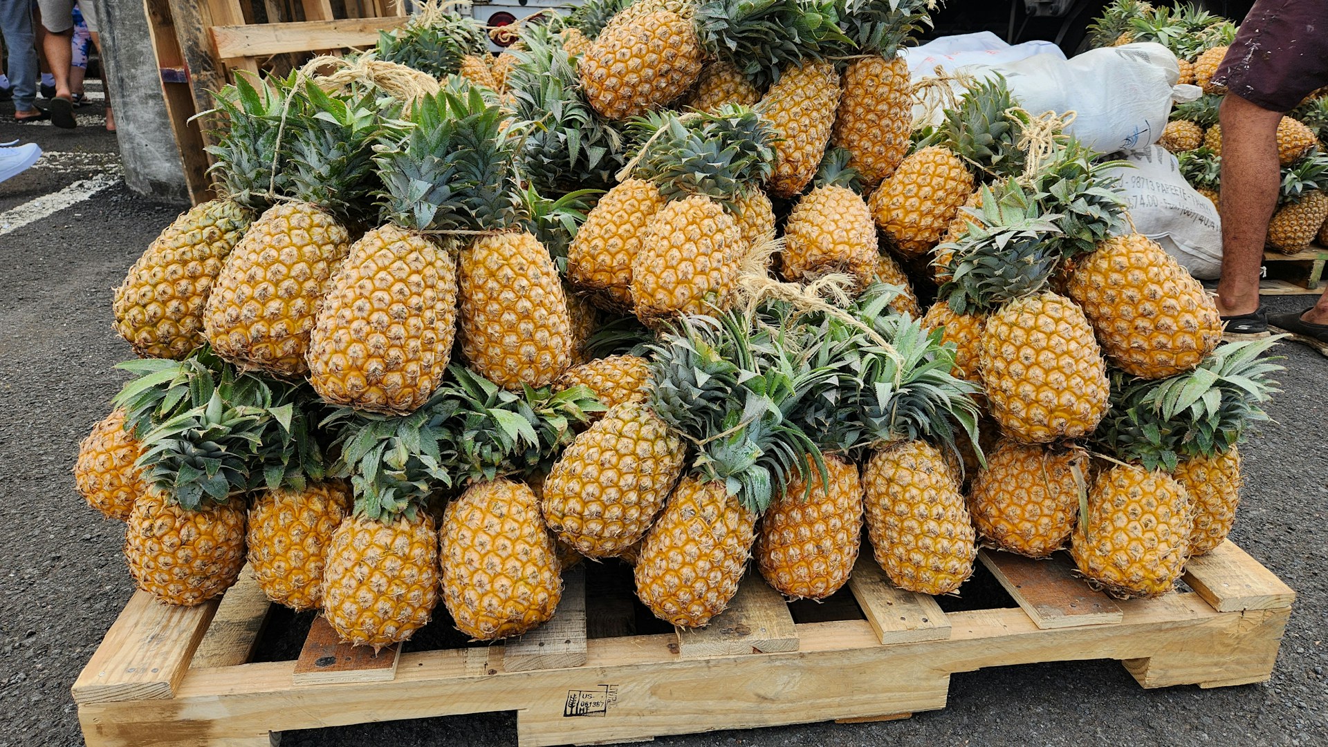 Pineapples piled on a wooden platform