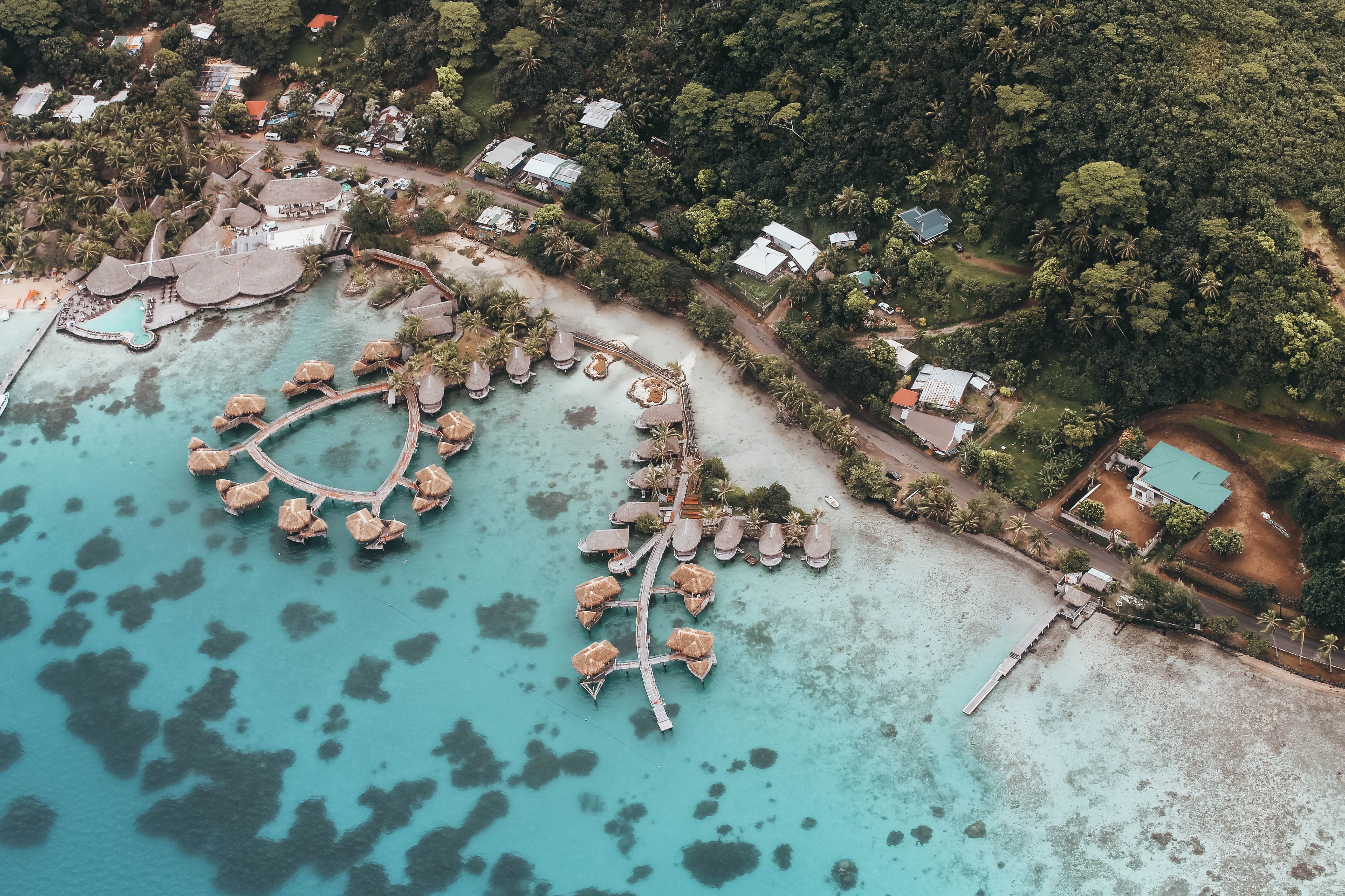 An aerial view of a lagoon in French Polynesia