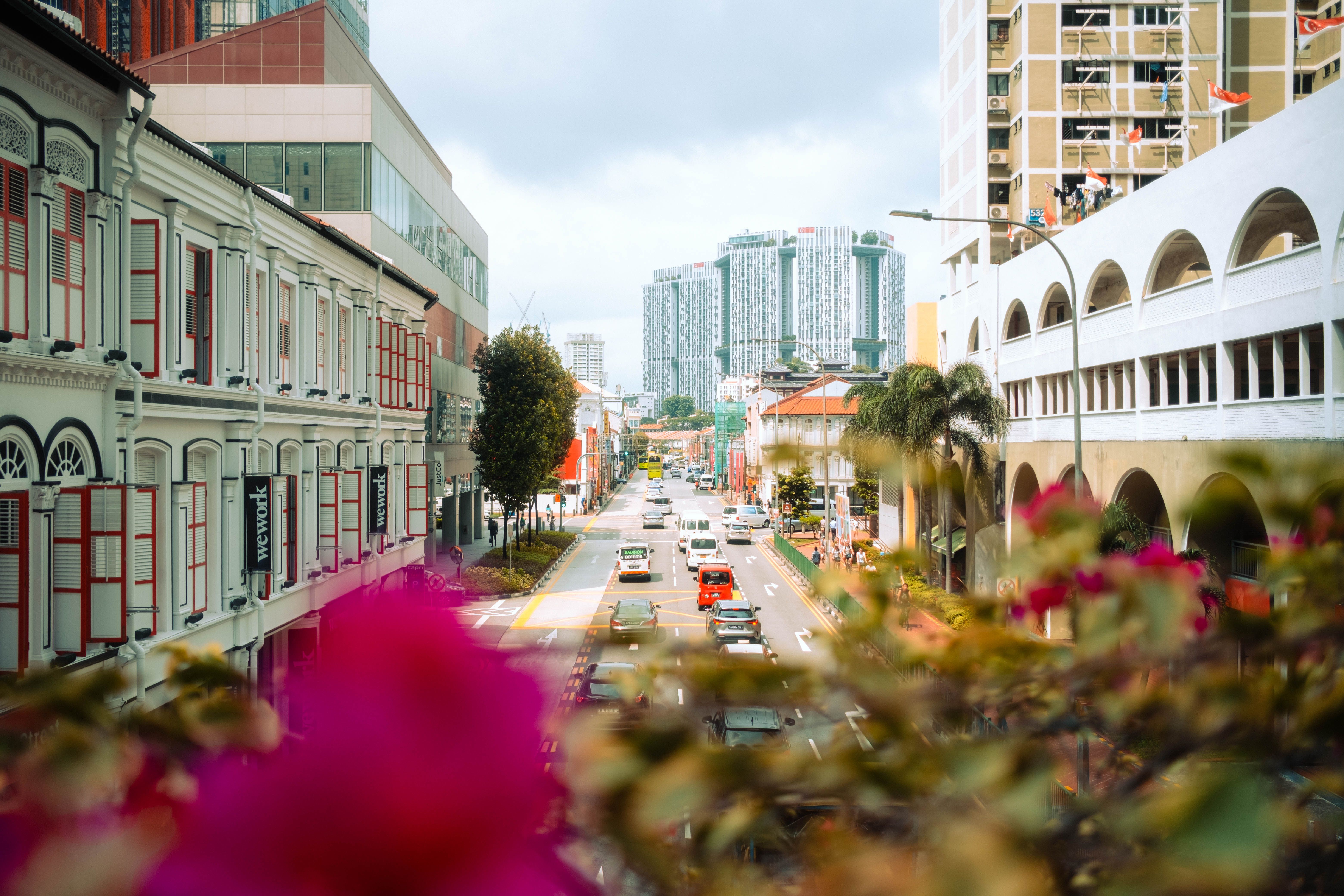 A lively Singapore street scene framed by colourful shophouses and modern high-rises