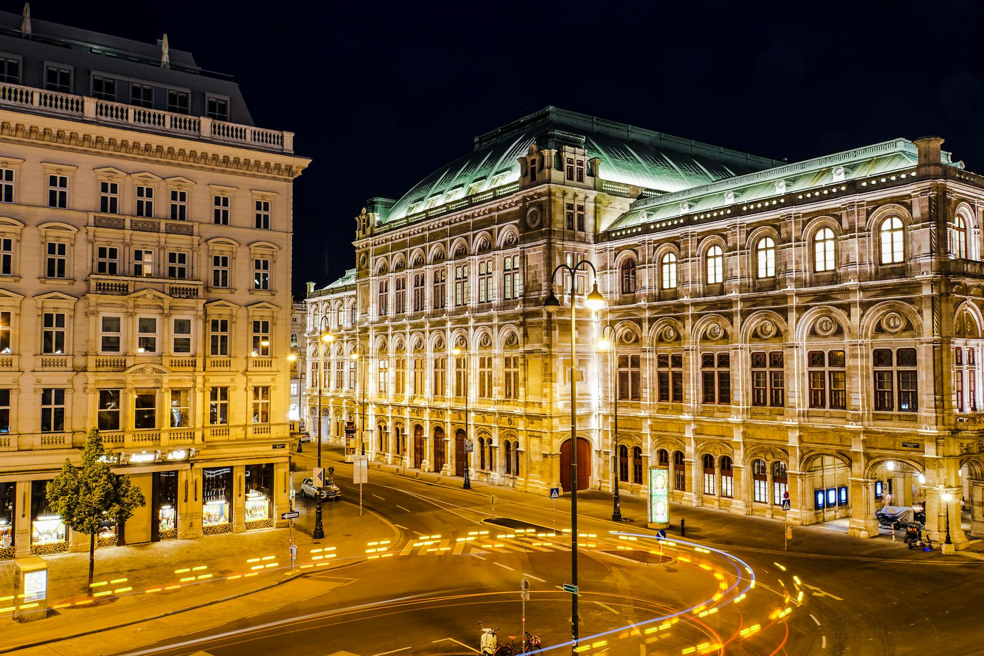 An opera house illuminated by lights