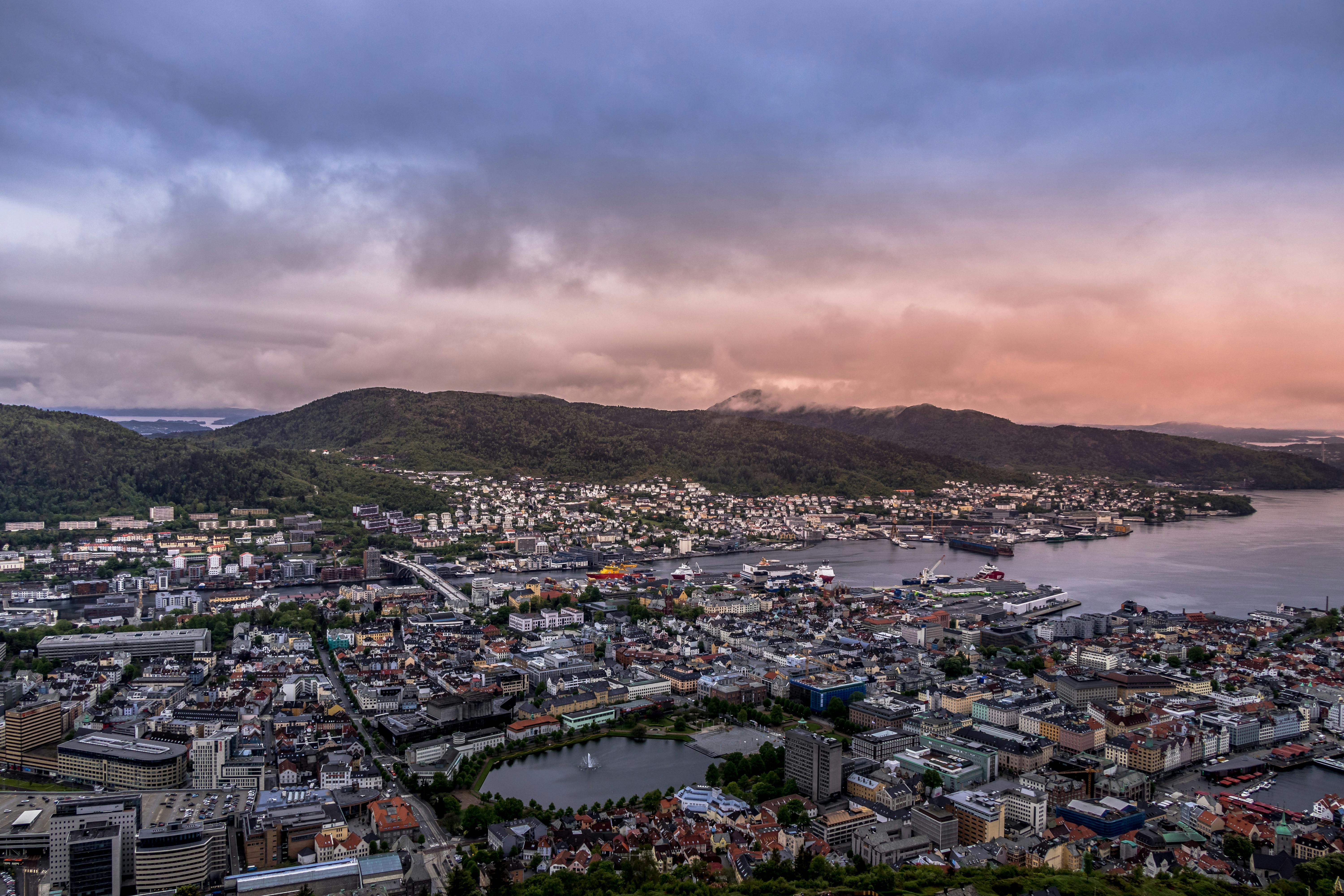 A bird’s-eye view captures a Scandinavian town at dawn